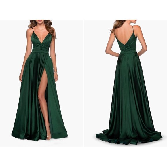 New La Femme Size 2 Strappy Back Satin Ballgown Emerald Green *Tiny Thread Pull*